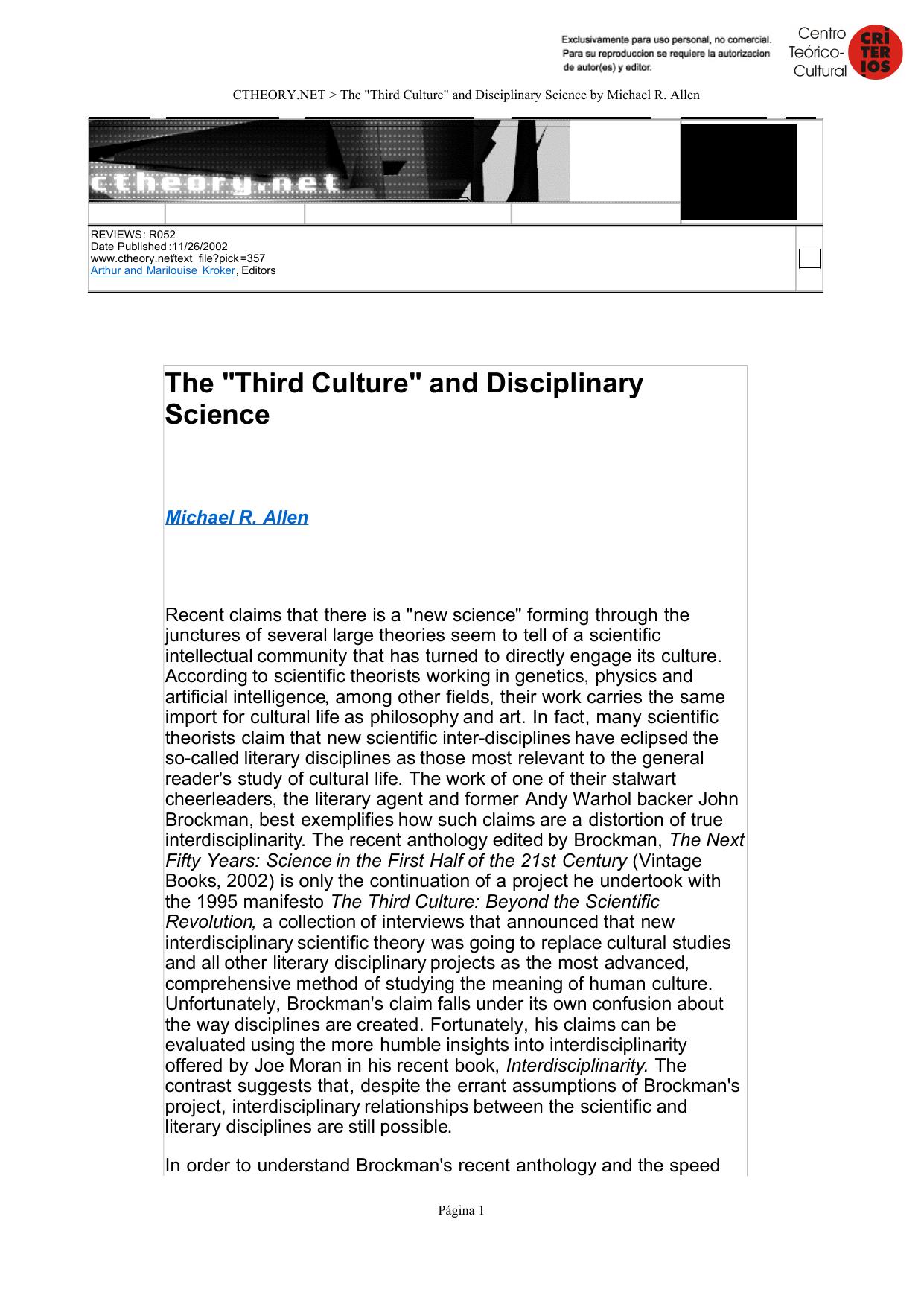 The Third Culture and Disciplinary Science